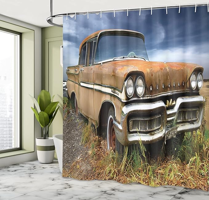 Ambesonne Manly Shower Curtain, Picturesque Rural Landscape Old Fashioned Rusty Abandoned Car Countryside, Cloth Fabric Bathroom Decor Set with Hooks, 69" W x 75" L, Night Blue Umber Tan