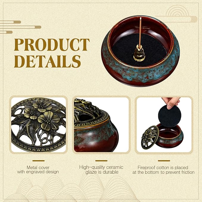 Maxcheck 4 Pcs Ceramic Incense Burner with Copper Lid Metal Incense Holder Lotus Cone Burner for Sandalwood Palo Santo Sage Cones Meditation Yoga Spa Gifts Room Decor(Blue)
