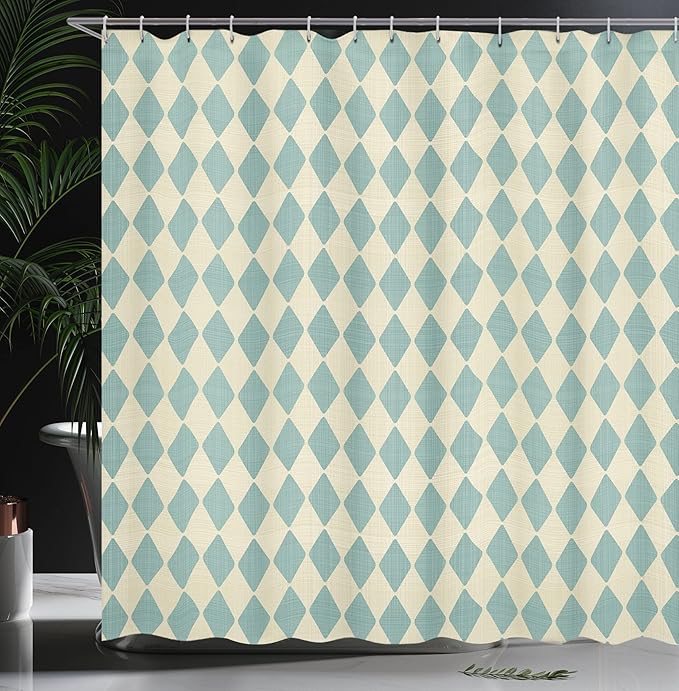 Ambesonne Geometric Shower Curtain, Rhombus Pattern with Retro Design Inspirations Vintage Argyle Arrangement, Cloth Fabric Bathroom Decor Set with Hooks, 69" W x 70" L, Beige Teal