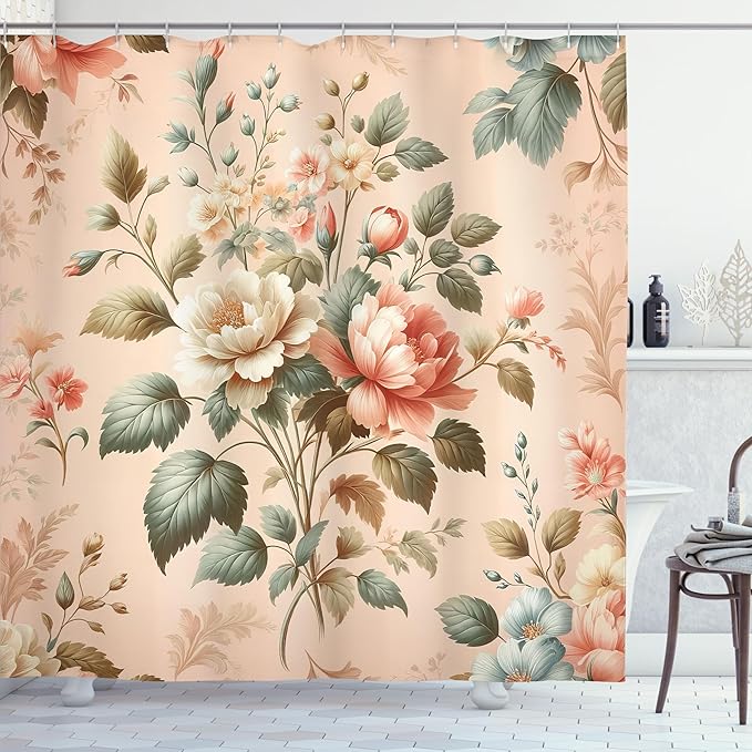Ambesonne Floral Shower Curtain, Vintage Countryside Cottagecore Vibe Flowers Pastel Tones Paint Print, Cloth Fabric Bathroom Decor Set with Hooks, 69" W x 70" L, Pale Peach Reseda Green