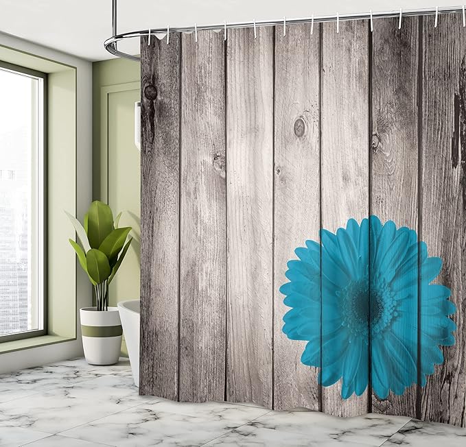 Ambesonne Rustic Shower Curtain, Flower Red Dahlia on Foreground of Murky Featured Dated Wooden Board Retro Art Print, Cloth Fabric Bathroom Decor Set with Hooks, 69" W x 75" L, Sea Blue