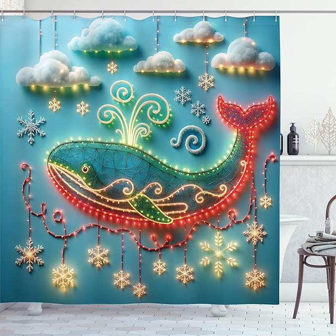 Ambesonne Christmas Shower Curtain, Merry Xmas Theme with Realistic Motifs Print Whale and Clouds, Cloth Fabric Bathroom Decor Set with Hooks, 69" W x 84" L, Cream Sea Blue and Vermilion