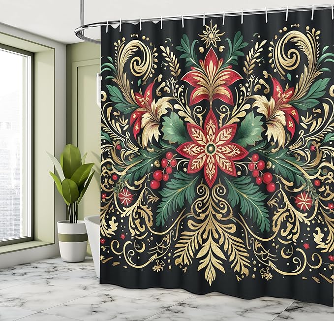 Ambesonne Christmas Shower Curtain, Black Xmas with Victorian Leaves and Flowery Huddle Snowflake Details, Cloth Fabric Bathroom Decor Set with Hooks, 69" W x 70" L, Dark Pink Green Khaki