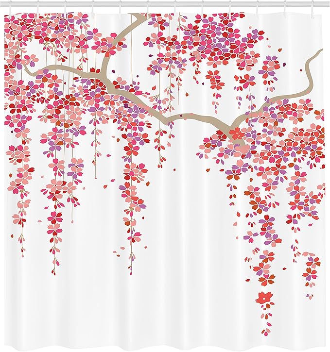 Ambesonne Flower Shower Curtain, Cherry Blossom of Trees on a Branch Springtime of Happy Vacation Traveling Destinations Artwork, Cloth Fabric Bathroom Set with Hooks, 69" W x 70" L, Purple Cocoa