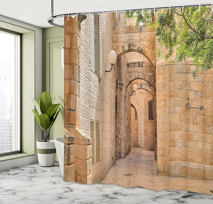 Ambesonne Landscape Shower Curtain, East Orient Architecture Streets Houses Image Art Photo, Cloth Fabric Bathroom Decor Set with Hooks, 69" W x 75" L, Camel