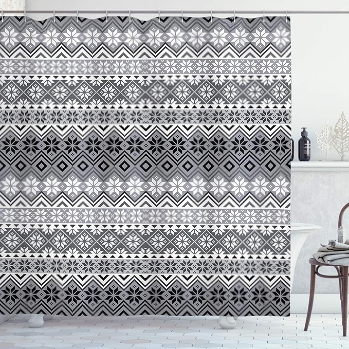 Ambesonne Grey Shower Curtain, Nordic Snowflake Knit Patterns Scandinavian Motifs Traditional and Modern Print, Cloth Fabric Bathroom Decor Set with Hooks, 69" W x 70" L, Gray White
