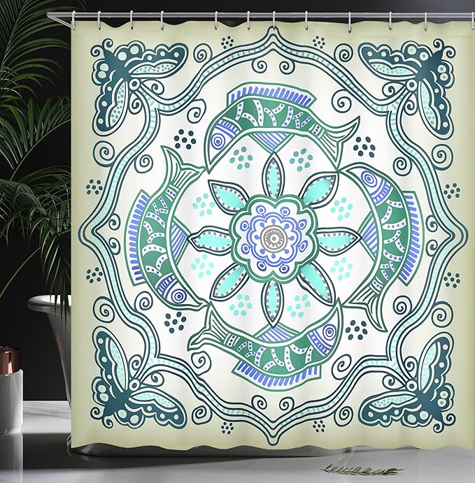 Ambesonne Shower Curtain, Victorian Butterfly Image, Cloth Fabric Bathroom Decor Set with Hooks, 69" W x 75" L, Blue Beige