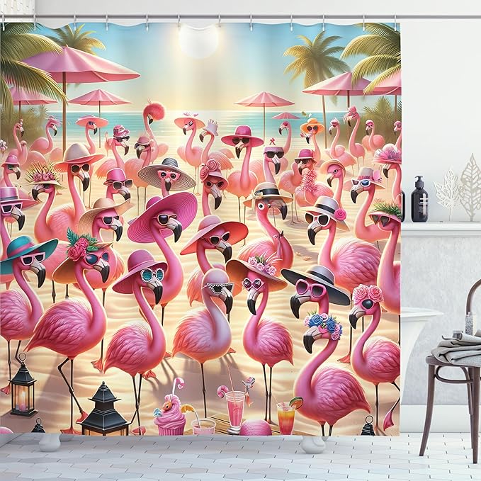 Ambesonne Flamingo Shower Curtain, Summer Beach with Tropical Birds with Sunny Hats and Sunglasses, Cloth Fabric Bathroom Decor Set with Hooks, 69" W x 75" L, Pink Beige and Pale Sky Blue