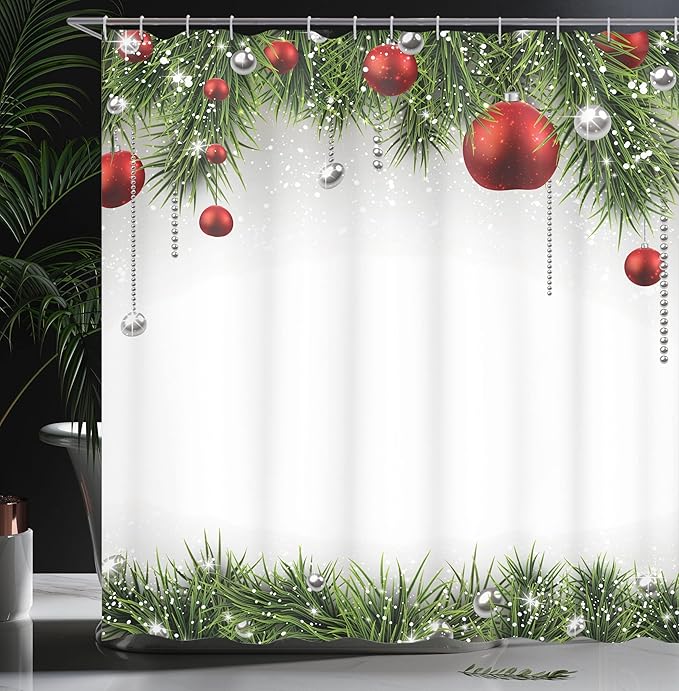 Ambesonne Christmas Shower Curtain, Classical Christmas Ornaments and Baubles Coniferous Pine Tree Twig Tinsel Print, Cloth Fabric Bathroom Decor Set with Hooks, 69" W x 70" L, Green Red