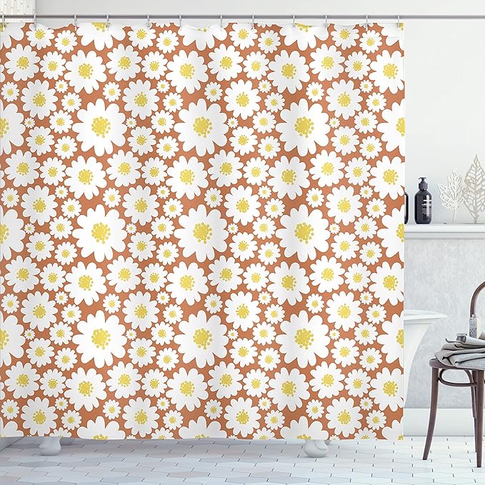 Ambesonne Floral Shower Curtain, Pastel Cartoon Like Flowers Daisies Spring Time Season Artwork Print, Cloth Fabric Bathroom Decor Set with Hooks, 69" W x 75" L, Cinnamon White