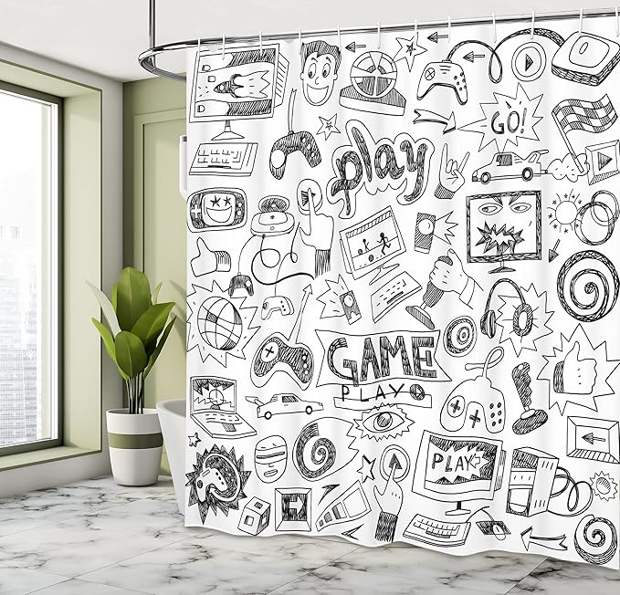 Ambesonne Video Games Shower Curtain, Monochrome Sketch Style Gaming Design Racing Monitor Device Gadget Teen 90's, Cloth Fabric Bathroom Decor Set with Hooks, 69" W x 70" L, Cream and Black