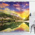 Ambesonne Landscape Shower Curtain, Sunset Over The Lake Mountain and Forest in a Partly Cloudy Day, Cloth Fabric Bathroom Decor Set with Hooks, 69" W x 70" L, Earth Yellow Coral Green