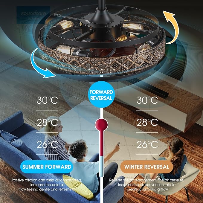 SHIHOT 18" Small Black Industrial Caged Ceiling Fans with Lights and Remote | Safe Caged-Design,Supports Both Remote Control and APP,6 Wind Speeds, Reversible, Quiet DC Motor,Suits for Bedroom Kidsroom