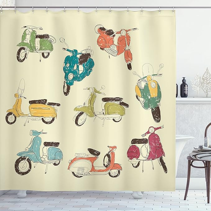 Ambesonne 1960s Shower Curtain, Scooters Romantic Aged History Motorcycle Trip Street Town Power Retro Illustration, Cloth Fabric Bathroom Decor Set with Hooks, 69" W x 70" L, Cream Orange