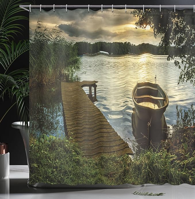 Ambesonne Seascape Shower Curtain, Boat at Lake Shore with Wooden Pier Sunset Sunbeams Romantic Evening, Cloth Fabric Bathroom Decor Set with Hooks, 69" W x 84" L, Green Yellow
