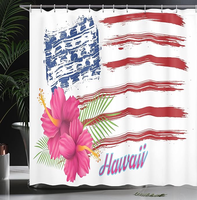 Ambesonne Hawaiian Shower Curtain, American Flag Theme Stars and Stripes Hibiscus Leaves Hawaii USA Patriotic Art, Cloth Fabric Bathroom Decor Set with Hooks, 69" W x 84" L, Fuchsia Navy