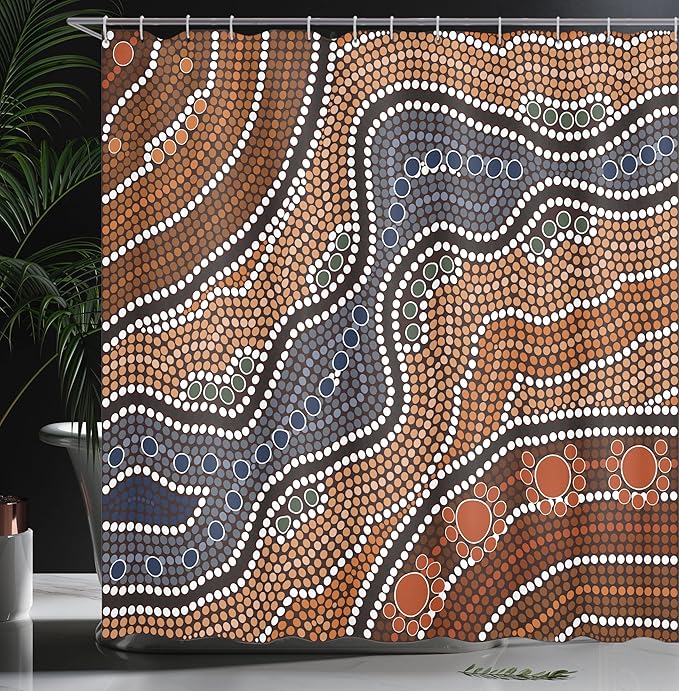 Ambesonne Art Shower Curtain, Aboriginal Culture Inspired by an Abstract Nature Scene of Native Australian People and Wildlife Art, Cloth Fabric Bathroom Set with Hooks, 69" W x 75" L, Orange Brown