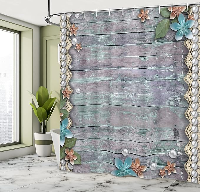 Ambesonne Pearls Shower Curtain, Floral Rustic Designed Pearls and Lace Like Design Flowers Wooden Background Print, Cloth Fabric Bathroom Decor Set with Hooks, 69" W x 70" L, Brown Blue
