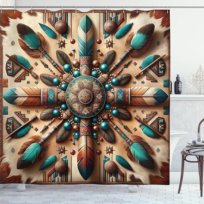 Ambesonne Rustic Shower Curtain, Ethnic Southwestern Style Grunge Boho Symmetric Design with Feathers, Cloth Fabric Bathroom Decor Set with Hooks, 69" W x 70" L, Redwood and Dark Turquoise