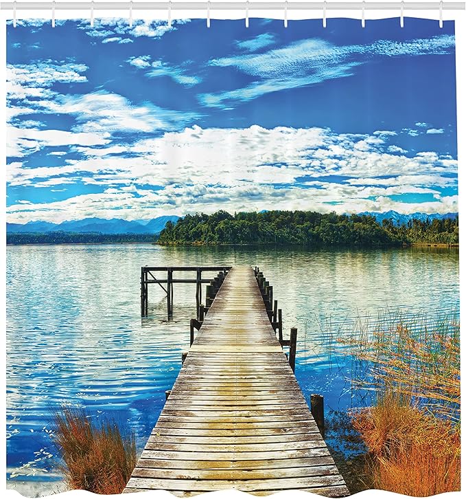 Ambesonne Beach Shower Curtain, Countryside with Lake Trees Pier Cloudy Summer Sky Water Reflection Rural, Cloth Fabric Bathroom Decor Set with Hooks, 69" W x 75" L, Green Orange
