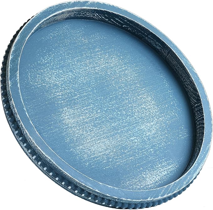 Hrastany Round Blue Wood Decorative Tray for Coffee Table Centerpiece