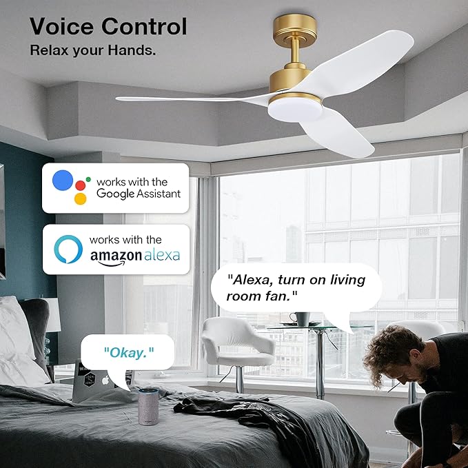Hoenofly 48 Inch Smart Ceiling Fans with Lights and Remote Control,Dimmable LED Light,Outdoor Indoor Gold White Ceiling Fan,Quiet DC Motor,WIFI Alexa App Workable,for Modern Bedroom Living Room Patio