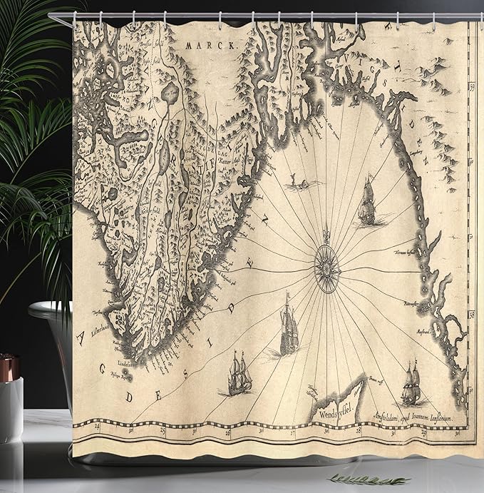 Ambesonne World Map Shower Curtain, Map of Southern Part of The Norway Vikings World Old Scandinavian Land, Cloth Fabric Bathroom Decor Set with Hooks, 69" W x 75" L, Cream Grey