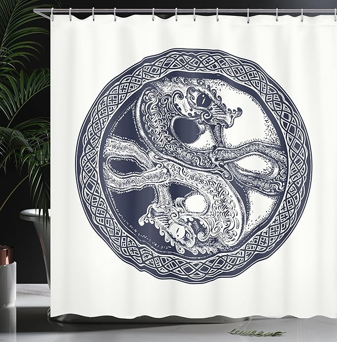 Ambesonne Celtic Dragon Shower Curtain, Mystic Yin Yang Creatures in Round Frame, Cloth Fabric Bathroom Decor Set with Hooks, 69" W x 70" L, Violet Blue Off White