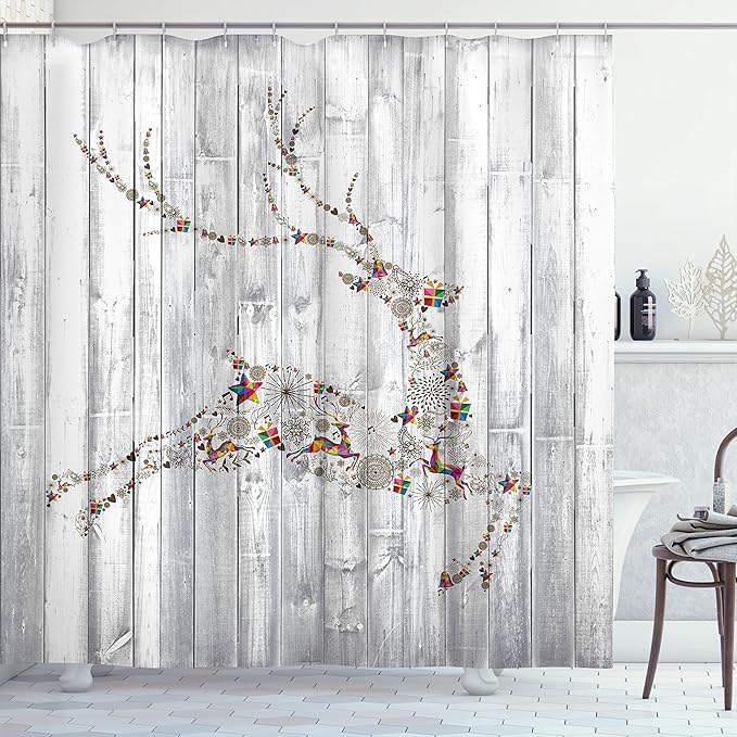 Ambesonne Deer Shower Curtain, Colorful Animal Silhouette Various Christmas Elements Wooden Planks Theme, Cloth Fabric Bathroom Decor Set with Hooks, 69" W x 70" L, Grey Multicolor