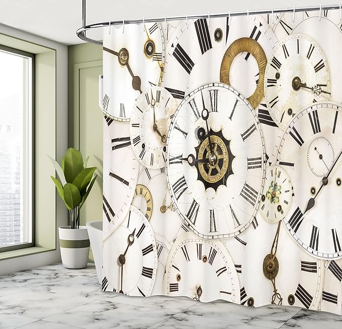 Ambesonne Antique Shower Curtain, Group of Vintage Classic Clock Faces Aged Analog Time Head Minute Hour Print, Cloth Fabric Bathroom Decor Set with Hooks, 69" W x 84" L, White and Black