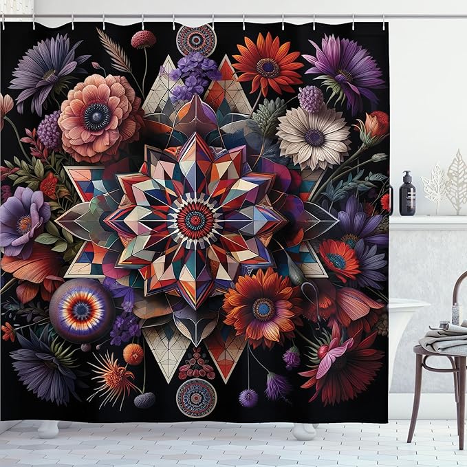 Ambesonne Boho Floral Shower Curtain, Abstract Exotic Flowers Arrange with Trippy Element on Dark Back Print, Cloth Fabric Bathroom Decor Set with Hooks, 69" W x 75" L, Purple Black Coral