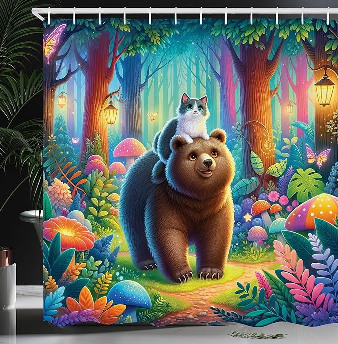 Ambesonne Funny Shower Curtain, Rave Colors of Fantasy Woodland Scenario Peaceful Cat and Bear Friends Happy, Cloth Fabric Bathroom Decor Set with Hooks, 69" W x 75" L, Caramel Multicolor