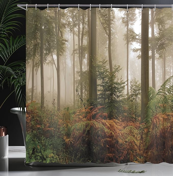 Ambesonne Forest Shower Curtain, Mystic Dark Fog Atmosphere Deep in The Forest Woodland Nobody Silence Image, Cloth Fabric Bathroom Decor Set with Hooks, 69" W x 75" L, Orange Brown