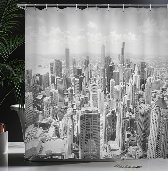 Ambesonne USA Shower Curtain, Chicago City Skyline Aerial View Contemporary Famous Touristic Places Picture Print, Cloth Fabric Bathroom Decor Set with Hooks, 69" W x 70" L, Black Grey