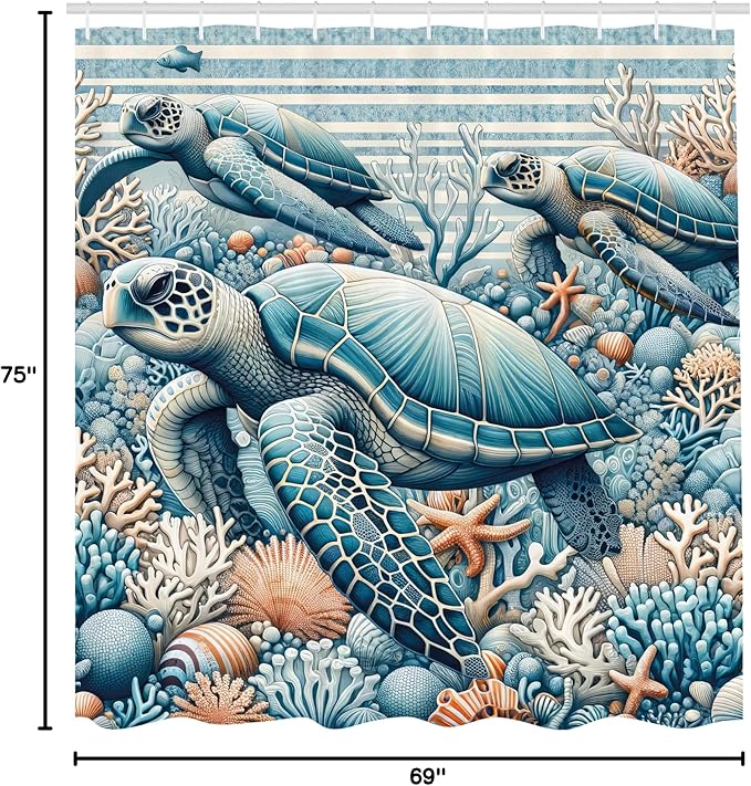 Ambesonne Turtle Shower Curtain, Underwater Corals and Loggerheads Sea Animals on Stripes Nautical Marine, Cloth Fabric Bathroom Decor Set with Hooks, 69" W x 75" L, Salmon and Sea Blue