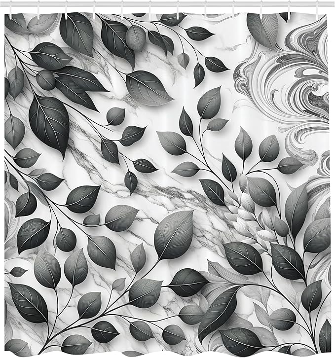 Ambesonne Grey Shower Curtain, Monochrome Art Leafy Atmosphere with Marble Print Details Modern Melancholia, Cloth Fabric Bathroom Decor Set with Hooks, 69" W x 75" L, Purpleblue Off White