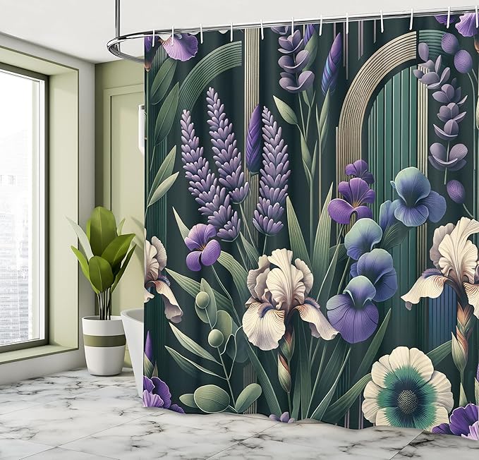 Ambesonne Lavender Shower Curtain, Mid Century Modern Boho Arch Details Jungle Atmosphere Blooming Flowers, Cloth Fabric Bathroom Decor Set with Hooks, 69" W x 70" L, Eggshell Green Purple