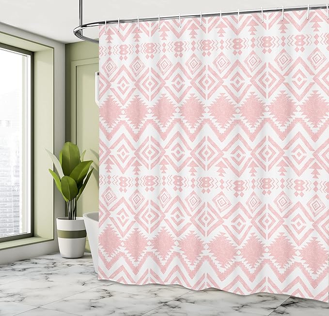 Ambesonne Tribal Shower Curtain, Hand Drawn Style Ethnic Pattern Geometric and Ornamental Aztec Design Print, Cloth Fabric Bathroom Decor Set with Hooks, 69" W x 75" L, Pale Pink
