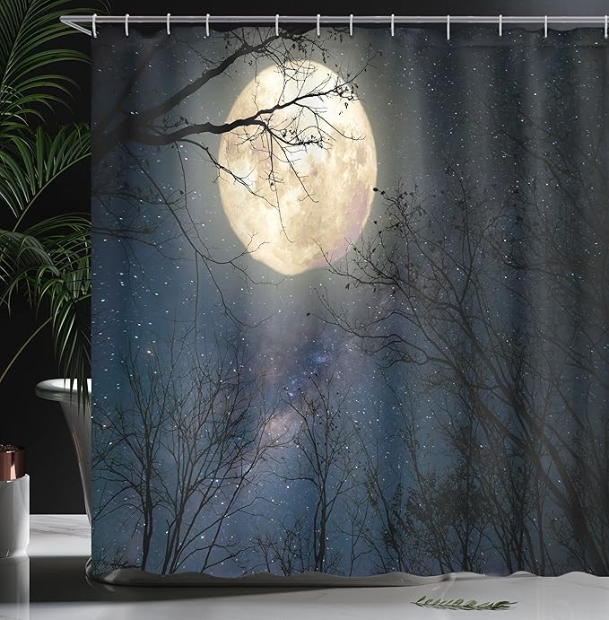 Ambesonne Night Sky Shower Curtain, Nocturnal Sky Milky Way Stars Twilight Moon Scenery with Branches, Cloth Fabric Bathroom Decor Set with Hooks, 69" W x 70" L, Dark Blue White