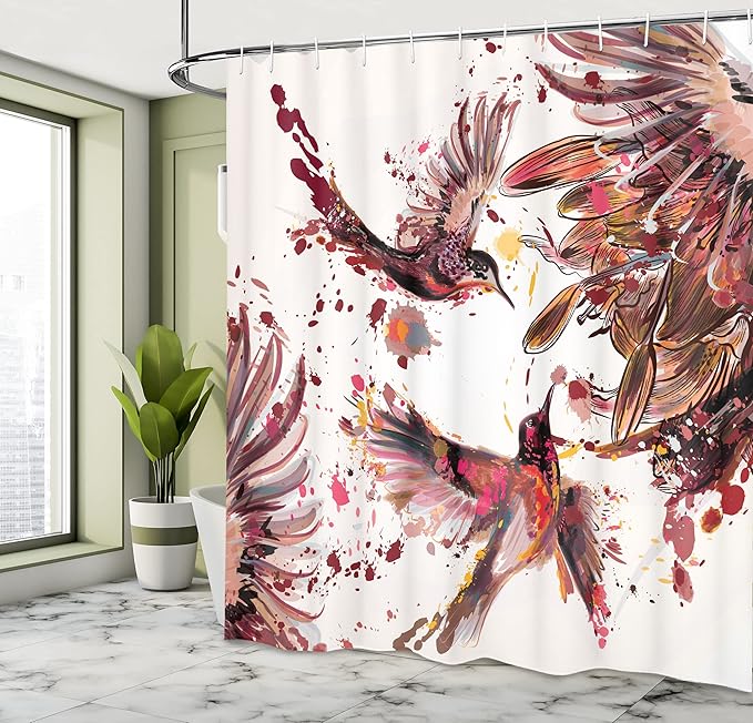 Ambesonne Hummingbird Shower Curtain, Art Lily Flowers Birds and Color Splashes in Watercolor Painting Style, Cloth Fabric Bathroom Decor Set with Hooks, 69" W x 84" L, Dark Peach