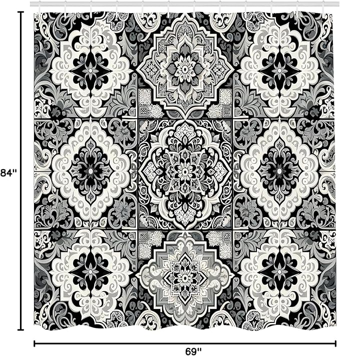 Ambesonne Grey Shower Curtain, Oriental Trippy Art with Moroccan Tile Pattern of Blooming and Curlicue Leaves, Cloth Fabric Bathroom Decor Set with Hooks, 69" W x 84" L, Off White Dimgray