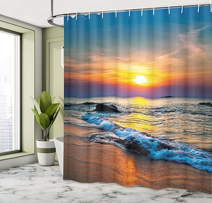 Ambesonne Tropical Shower Curtain, Colorful Last Sun Rays of The Day Over The Sea Waves Reflections Tropics, Cloth Fabric Bathroom Decor Set with Hooks, 69" W x 75" L, Umber Orange