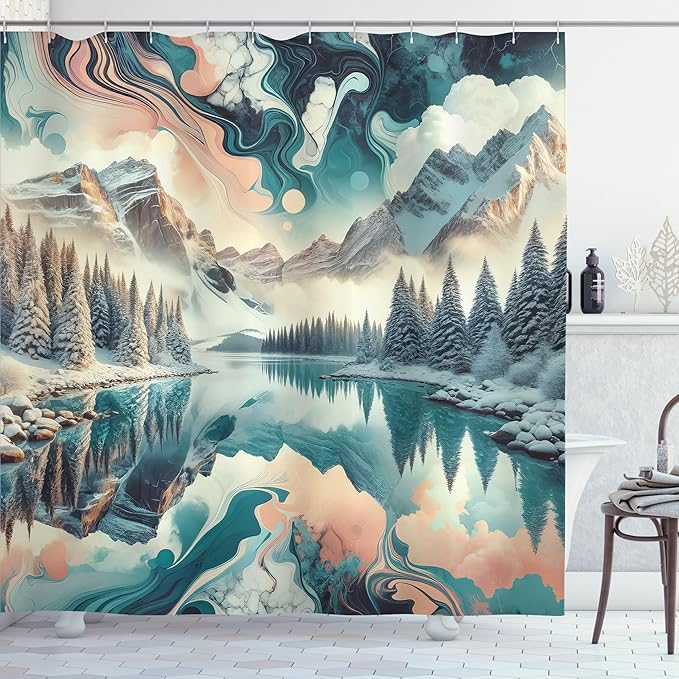 Ambesonne Lake Shower Curtain, Watercolor Effect Dreamy Vibe Woodland and Mountain Scene Print with Clouds, Cloth Fabric Bathroom Decor Set with Hooks, 69" W x 75" L, Cadet Blue Peach Teal