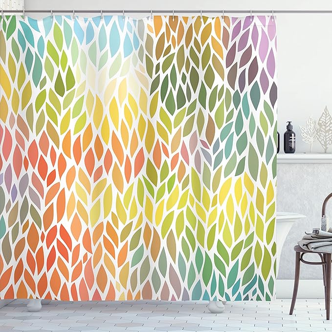 Ambesonne Autumn Shower Curtain, Leaves Pattern in Summer Autumn Time Seasonal Forest Colorful Geometrical Nature, Cloth Fabric Bathroom Decor Set with Hooks, 69" W x 70" L, Green Orange