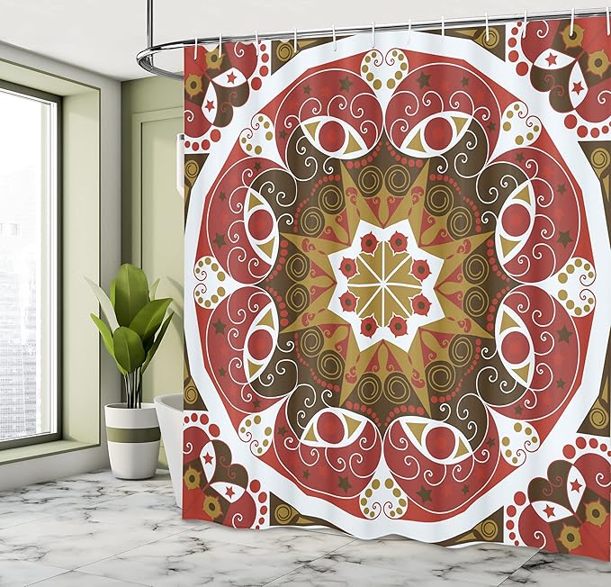 Ambesonne Classic Shower Curtain, Ornamentation Victorian Style Historic Interior Design Round Shape Art, Cloth Fabric Bathroom Decor Set with Hooks, 69" W x 70" L, Olive Green Ruby White