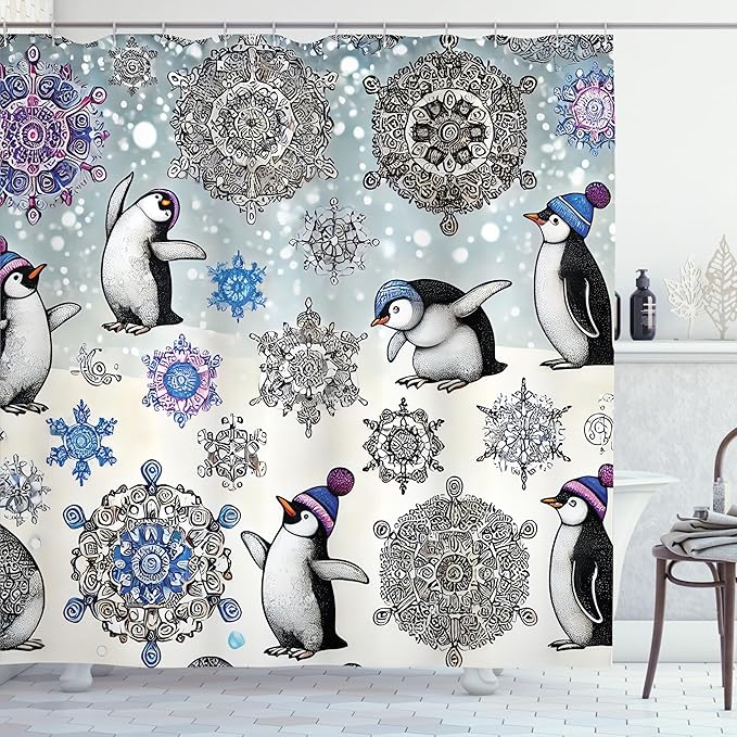Ambesonne Christmas Shower Curtain, Dancing Penguins and Falling Snowflakes Sketch with Oriental Winter Design, Cloth Fabric Bathroom Decor Set with Hooks, 69" W x 75" L, Ivory Violet Blue