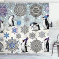 Ambesonne Christmas Shower Curtain, Dancing Penguins and Falling Snowflakes Sketch with Oriental Winter Design, Cloth Fabric Bathroom Decor Set with Hooks, 69" W x 75" L, Ivory Violet Blue