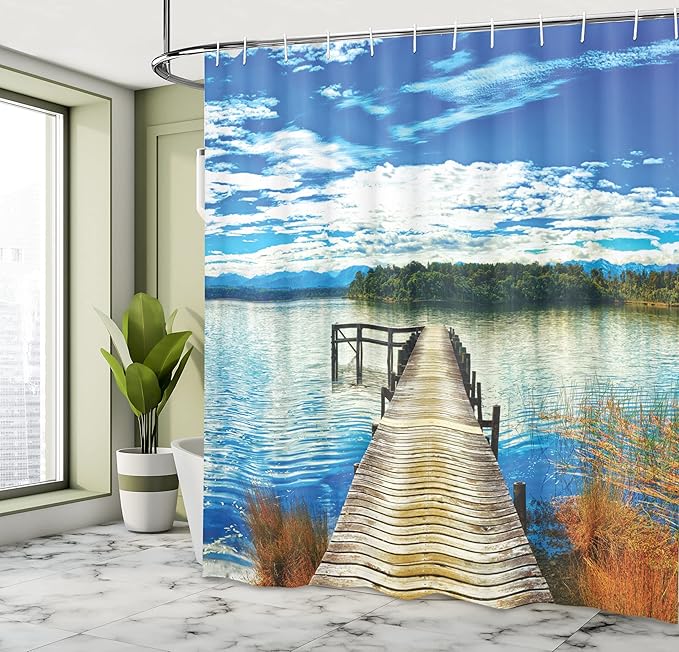 Ambesonne Beach Shower Curtain, Countryside with Lake Trees Pier Cloudy Summer Sky Water Reflection Rural, Cloth Fabric Bathroom Decor Set with Hooks, 69" W x 75" L, Green Orange