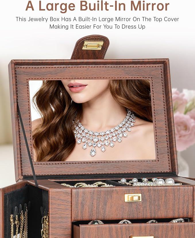 AKOZLIN 6-Tier Jewelry Box Organizer Functional 5 Drawers Leather Jewelry Storage Case for Women Girls Ring Necklace Earring Bracelet Holder Organizer with Mirror Red 360° Rotating