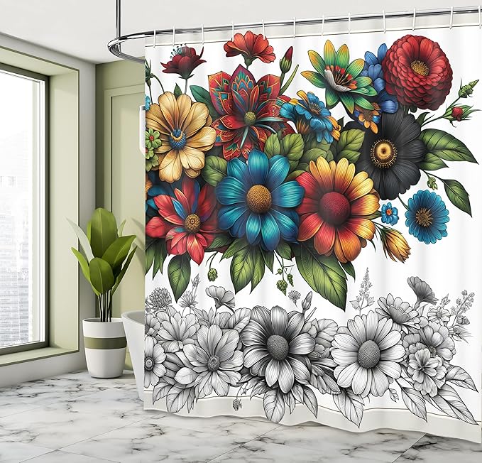 Ambesonne Modern Shower Curtain, Surreal Colorful Floral Huddle with Leaves Featuring Sketchy Botany, Cloth Fabric Bathroom Decor Set with Hooks, 69" W x 75" L, Charcoal Grey Multicolor